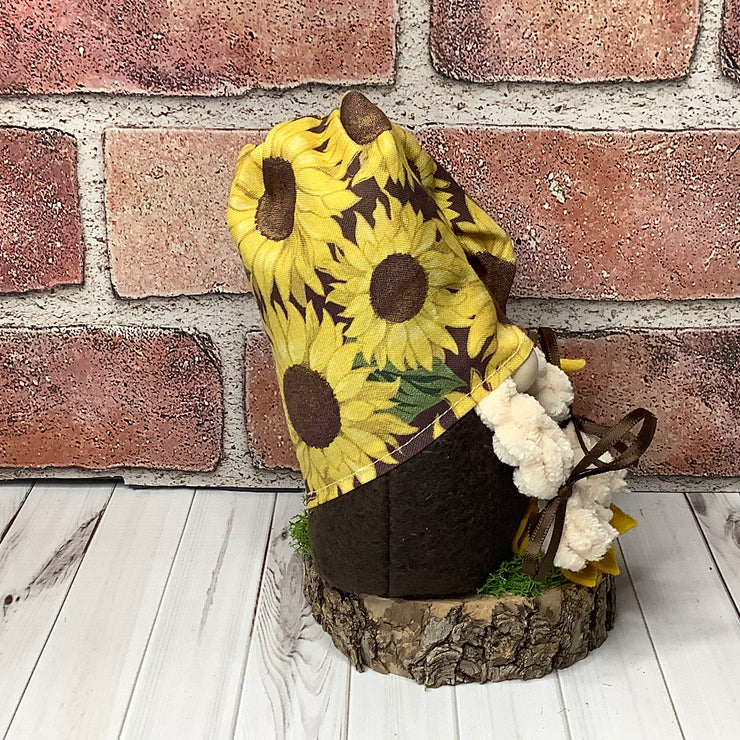 Maisie/Sunflower Hat Girl Gnome, Pumpkin & Flora on Natural Wood Base
