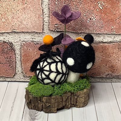 Spider with Web & Mushroom with Flora on Natural Wood Base/Halloween
