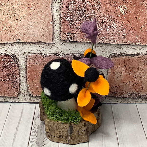 Spider with Web & Mushroom with Flora on Natural Wood Base/Halloween