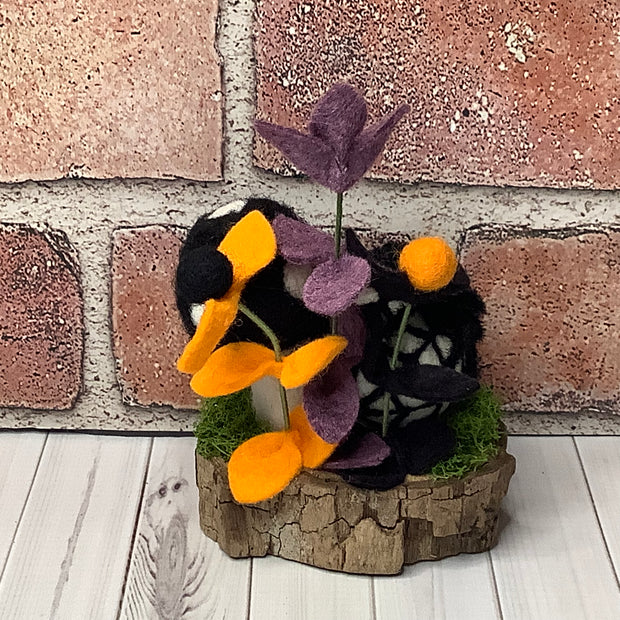 Spider with Web & Mushroom with Flora on Natural Wood Base/Halloween