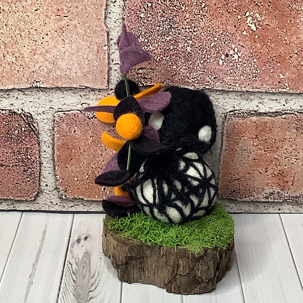 Spider with Web & Mushroom with Flora on Natural Wood Base/Halloween