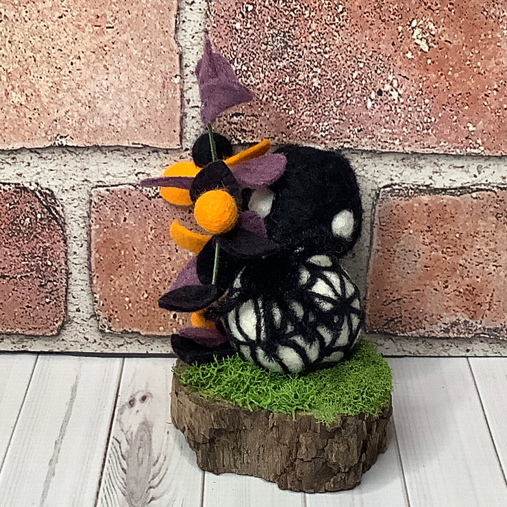 Spider with Web & Mushroom with Flora on Natural Wood Base/Halloween