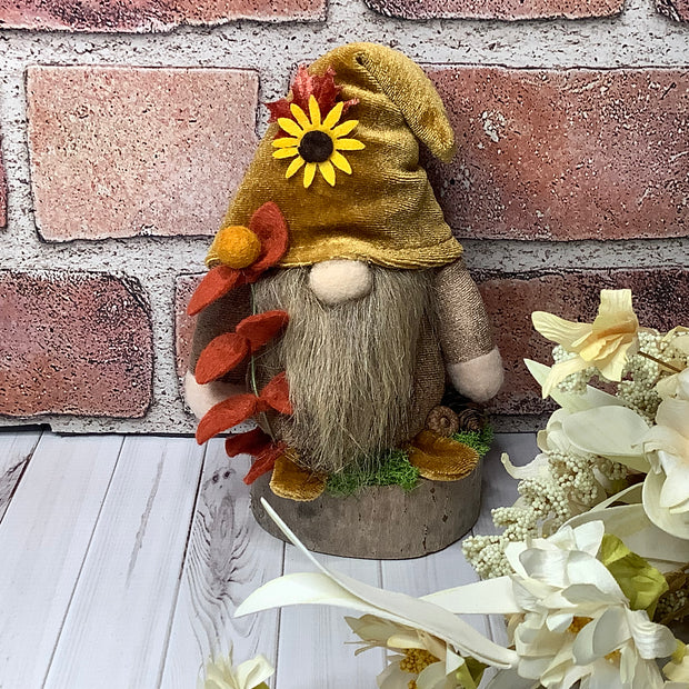 Russet/Autumn Velvet Gnome with Sunflower on Natural Wood Base