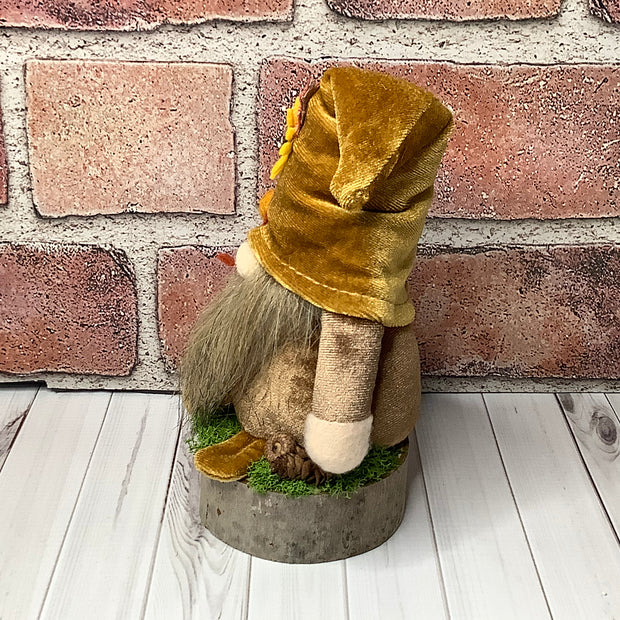 Russet/Autumn Velvet Gnome with Sunflower on Natural Wood Base