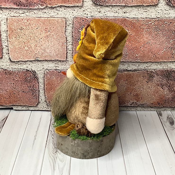 Russet/Autumn Velvet Gnome with Sunflower on Natural Wood Base