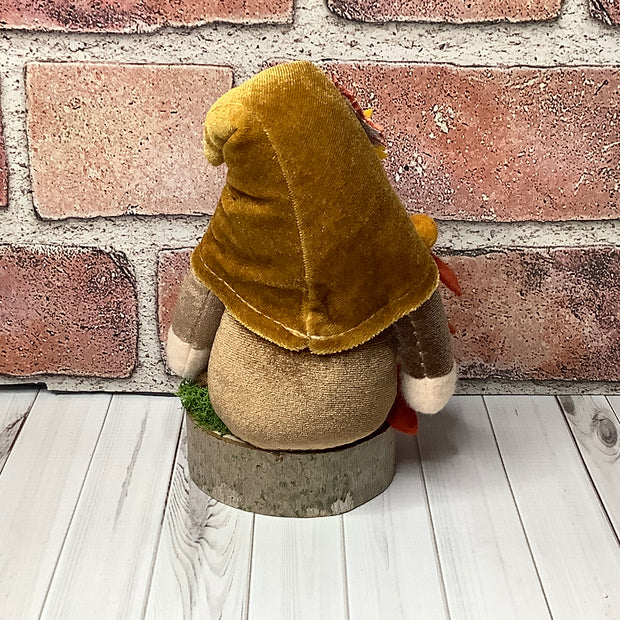 Russet/Autumn Velvet Gnome with Sunflower on Natural Wood Base