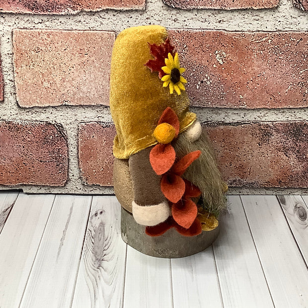 Russet/Autumn Velvet Gnome with Sunflower on Natural Wood Base