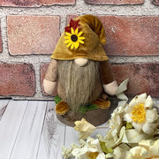 Elwood/Autumn Velvet Gnome with Sunflower on Natural Wood Base