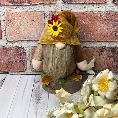 Elwood/Autumn Velvet Gnome with Sunflower on Natural Wood Base