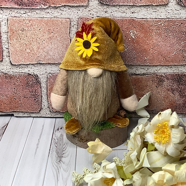 Elwood/Autumn Velvet Gnome with Sunflower on Natural Wood Base
