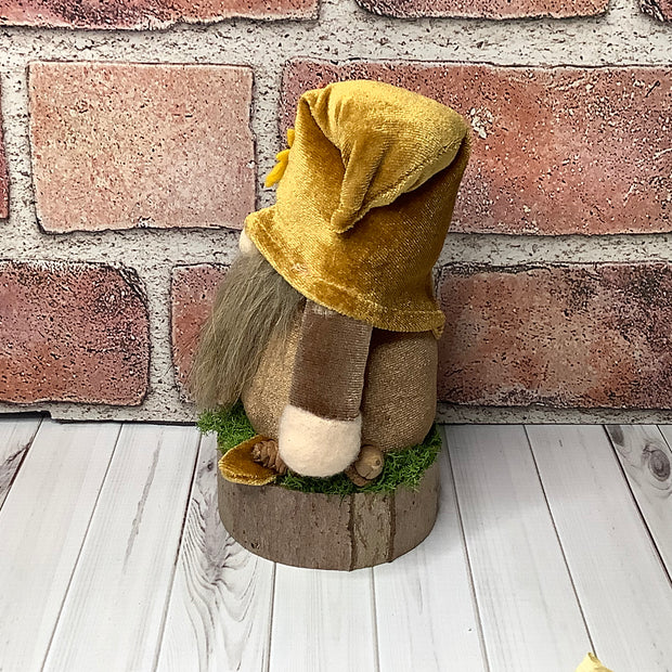 Elwood/Autumn Velvet Gnome with Sunflower on Natural Wood Base
