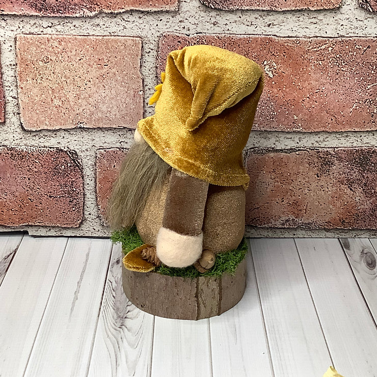 Elwood/Autumn Velvet Gnome with Sunflower on Natural Wood Base