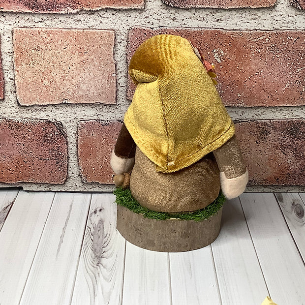 Elwood/Autumn Velvet Gnome with Sunflower on Natural Wood Base