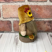 Elwood/Autumn Velvet Gnome with Sunflower on Natural Wood Base