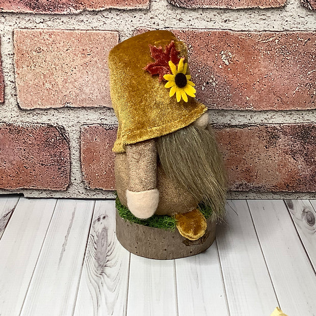 Elwood/Autumn Velvet Gnome with Sunflower on Natural Wood Base