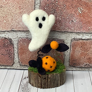 Wooly Ghost with Flora on Natural Wood Base/Halloween