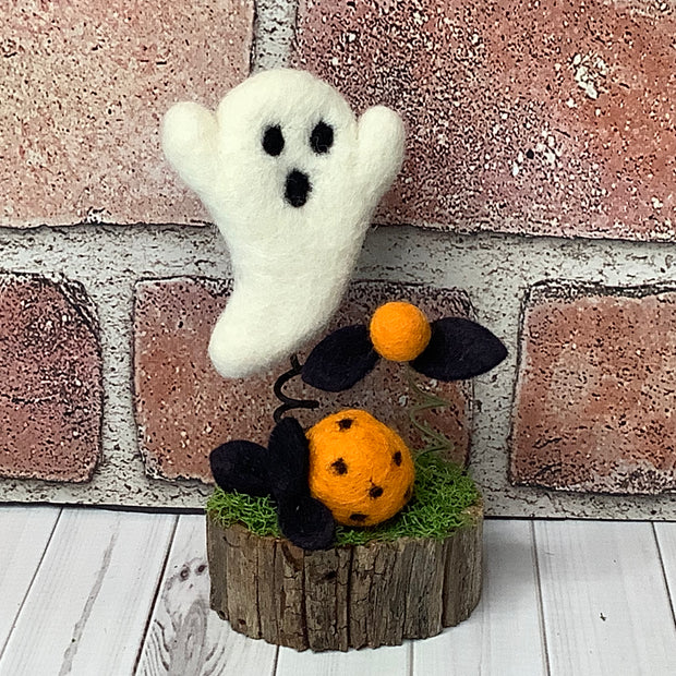 Wooly Ghost with Flora on Natural Wood Base/Halloween