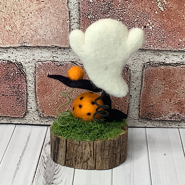 Wooly Ghost with Flora on Natural Wood Base/Halloween