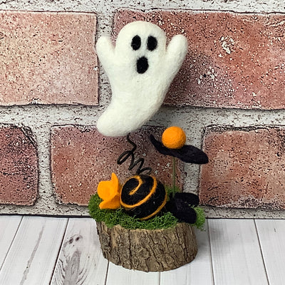 Wooly Ghost with Flora on Natural Wood Base/Halloween