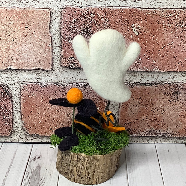 Wooly Ghost with Flora on Natural Wood Base/Halloween