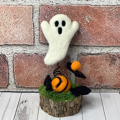 Wooly Ghost with Flora on Natural Wood Base/Halloween