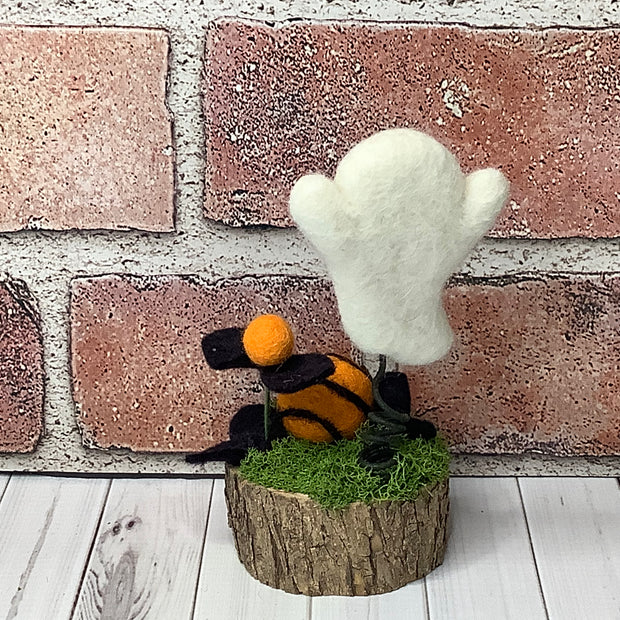 Wooly Ghost with Flora on Natural Wood Base/Halloween