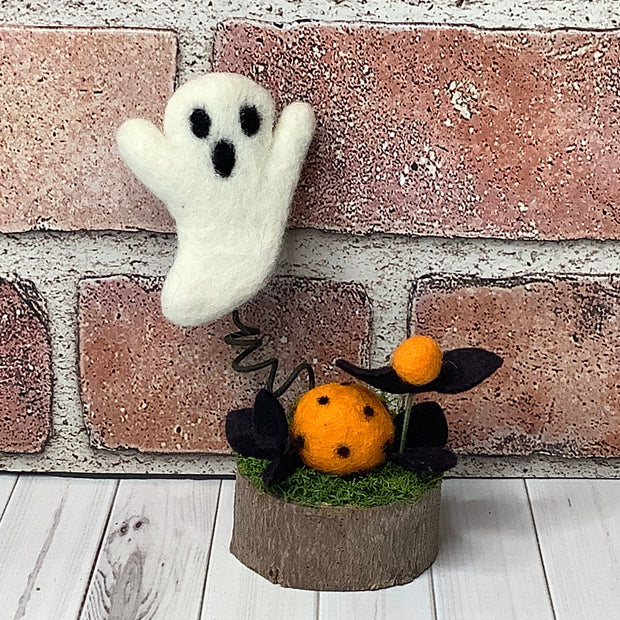 Wooly Ghost with Flora on Natural Wood Base/Halloween