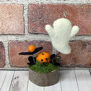 Wooly Ghost with Flora on Natural Wood Base/Halloween