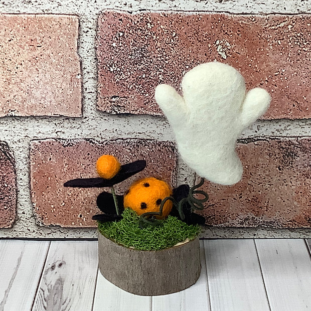 Wooly Ghost with Flora on Natural Wood Base/Halloween