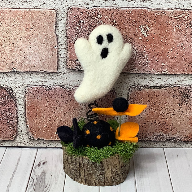 Wooly Ghost with Flora on Natural Wood Base/Halloween