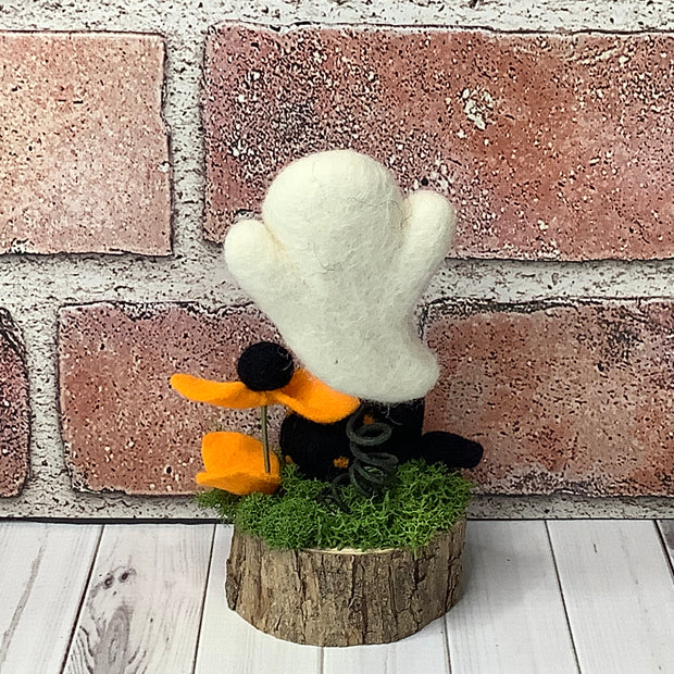 Wooly Ghost with Flora on Natural Wood Base/Halloween