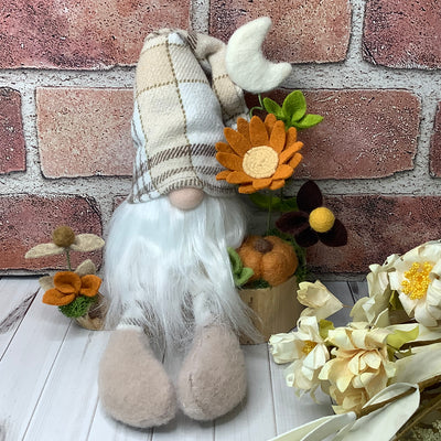 Rusty/Gnome with Autumn Plaid Hat, Pumpkin & flora on Natural Wood Base