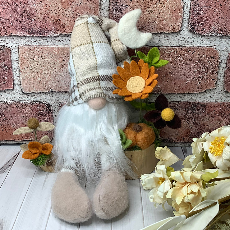Rusty/Gnome with Autumn Plaid Hat, Pumpkin & flora on Natural Wood Base
