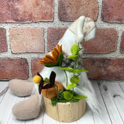 Rusty/Gnome with Autumn Plaid Hat, Pumpkin & flora on Natural Wood Base