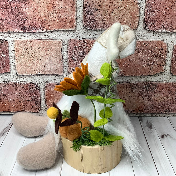 Rusty/Gnome with Autumn Plaid Hat, Pumpkin & flora on Natural Wood Base