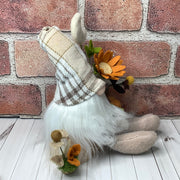 Rusty/Gnome with Autumn Plaid Hat, Pumpkin & flora on Natural Wood Base