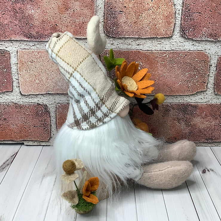 Rusty/Gnome with Autumn Plaid Hat, Pumpkin & flora on Natural Wood Base