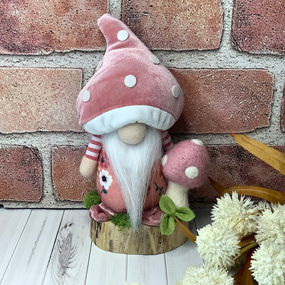 Lyle/Blush Mushroom Gnome, Mushroom & Flora on Natural Wood Base