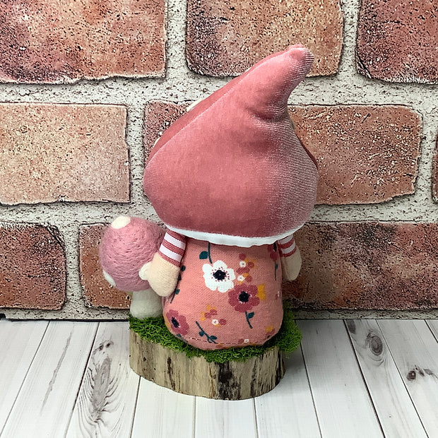 Lyle/Blush Mushroom Gnome, Mushroom & Flora on Natural Wood Base