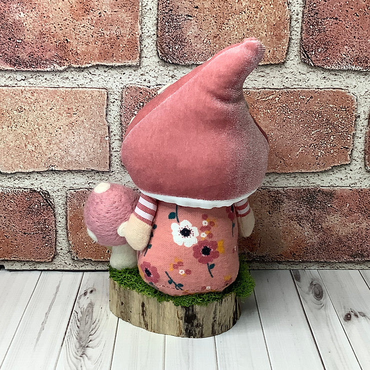 Lyle/Blush Mushroom Gnome, Mushroom & Flora on Natural Wood Base