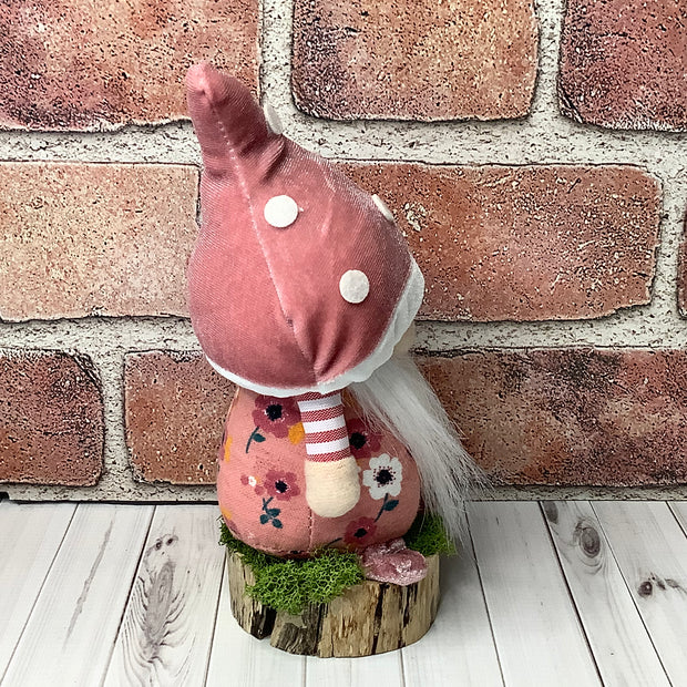 Lyle/Blush Mushroom Gnome, Mushroom & Flora on Natural Wood Base