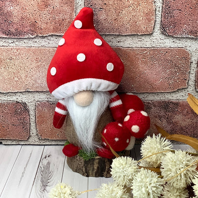 Jack/Gnome with Red Mushroom Hat & Mushrooms on Natural Wood Base