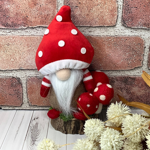Jack/Gnome with Red Mushroom Hat & Mushrooms on Natural Wood Base