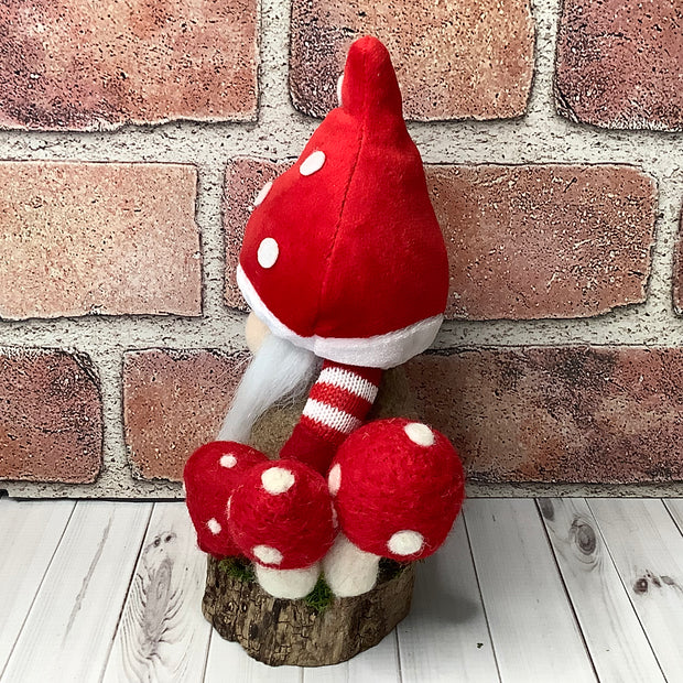 Jack/Gnome with Red Mushroom Hat & Mushrooms on Natural Wood Base