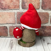 Jack/Gnome with Red Mushroom Hat & Mushrooms on Natural Wood Base