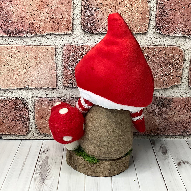 Jack/Gnome with Red Mushroom Hat & Mushrooms on Natural Wood Base