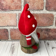 Jack/Gnome with Red Mushroom Hat & Mushrooms on Natural Wood Base