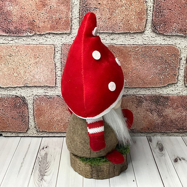 Jack/Gnome with Red Mushroom Hat & Mushrooms on Natural Wood Base