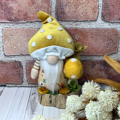 Cruz/Gnome with Golden Mustard Mushroom Hat, Mushroom & Flora on Natural Wood Base