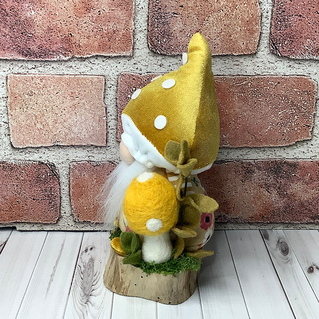 Cruz/Gnome with Golden Mustard Mushroom Hat, Mushroom & Flora on Natural Wood Base